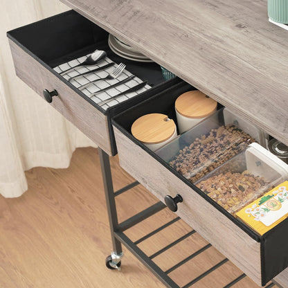 HOOBRO Kitchen Island with Storage, Rolling Island Cart for Kitchen with 2 Drawers & Outlet, 3 Tier Coffee Station and Microwave Stand, Kitchen Island Table for Home, Greige BG08UZD01