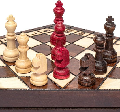 Husaria Wooden Three-Player Chess - 12 Inches - with Foldable Board Handcrafted Playing Pieces and Felt-Lined Storage