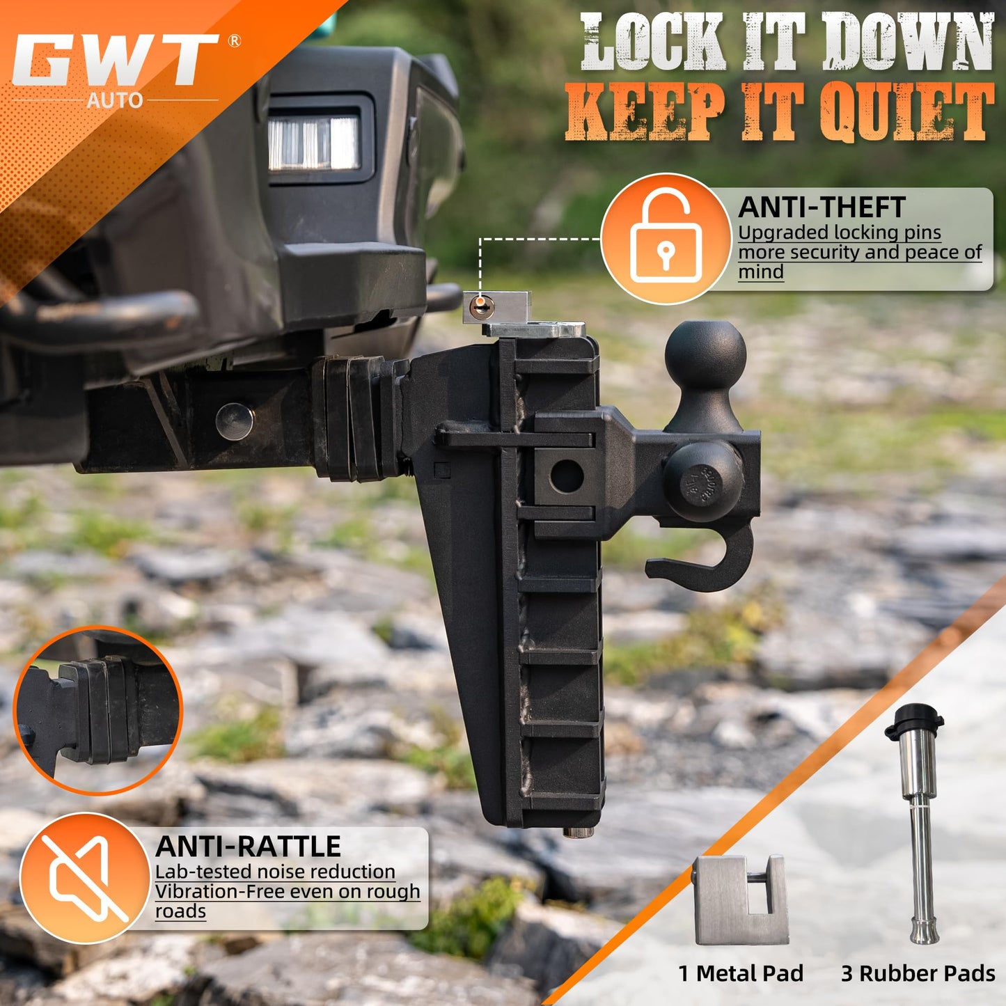 Adjustable Trailer Hitch with Hook, Tri-Ball (1-7/8" x 2" x 2-5/16") Drop Hitch, Fits 2-Inch Receiver, 8 Inch Drop Hitch, 18500 LBS GTW-Class 3 Tow Hitch for Heavy Duty Truck, Black, Solid Ball Mount