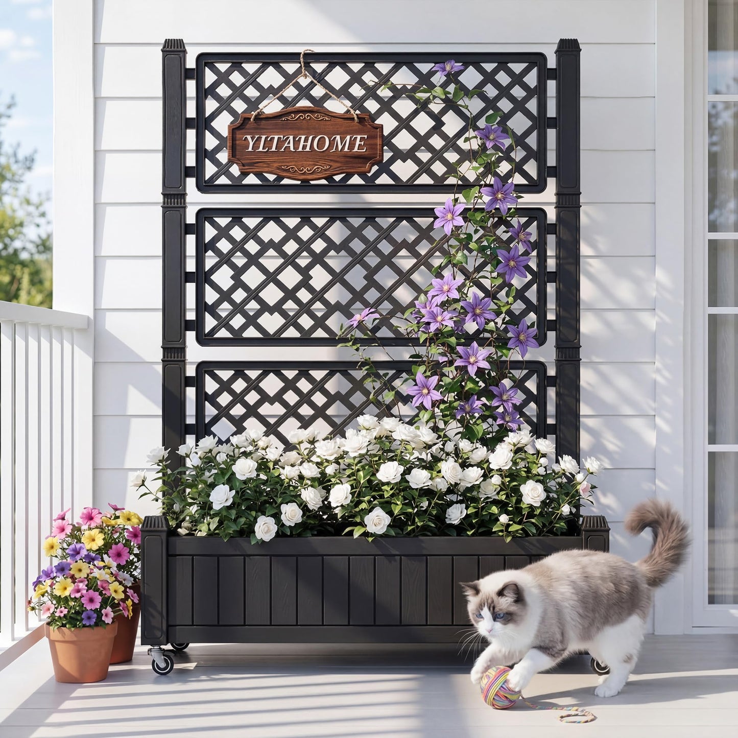 YITAHOME 42.5x14.2x61 in Planter Box with Trellis, All-Weather Raised Garden Bed with Wheels & Drain Plug, Outdoor Privacy Screen for Climbing Plants Flowers Herbs, Black