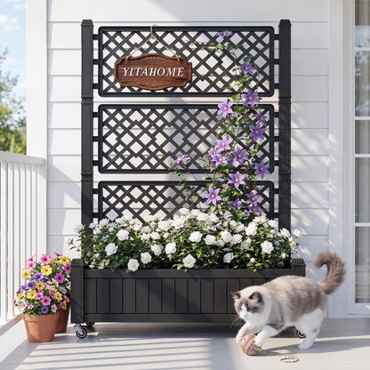 YITAHOME 42.5x14.2x61 in Planter Box with Trellis, All-Weather Raised Garden Bed with Wheels & Drain Plug, Outdoor Privacy Screen for Climbing Plants Flowers Herbs, Black