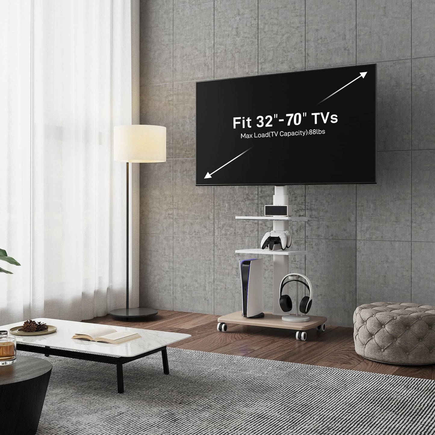 FITUEYES Rolling TV Stand, Mobile TV Cart on Wheels for 32-65 70 Inch Flat Screen TVs, Tall Floor TV Stand with Swivel Mount, Corner TV Stands for Bedroom, Living Room, Home Office,Small Dorm, White