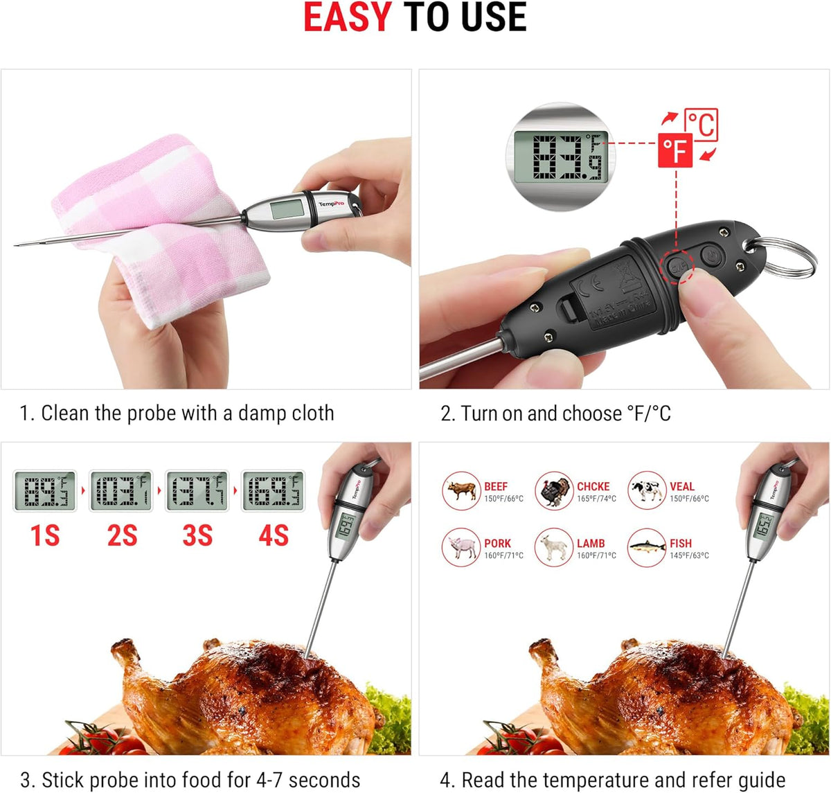 TempPro Digital Food Thermometer - Super Long Probe for Cooking, Baking & BBQ | 2 Pack