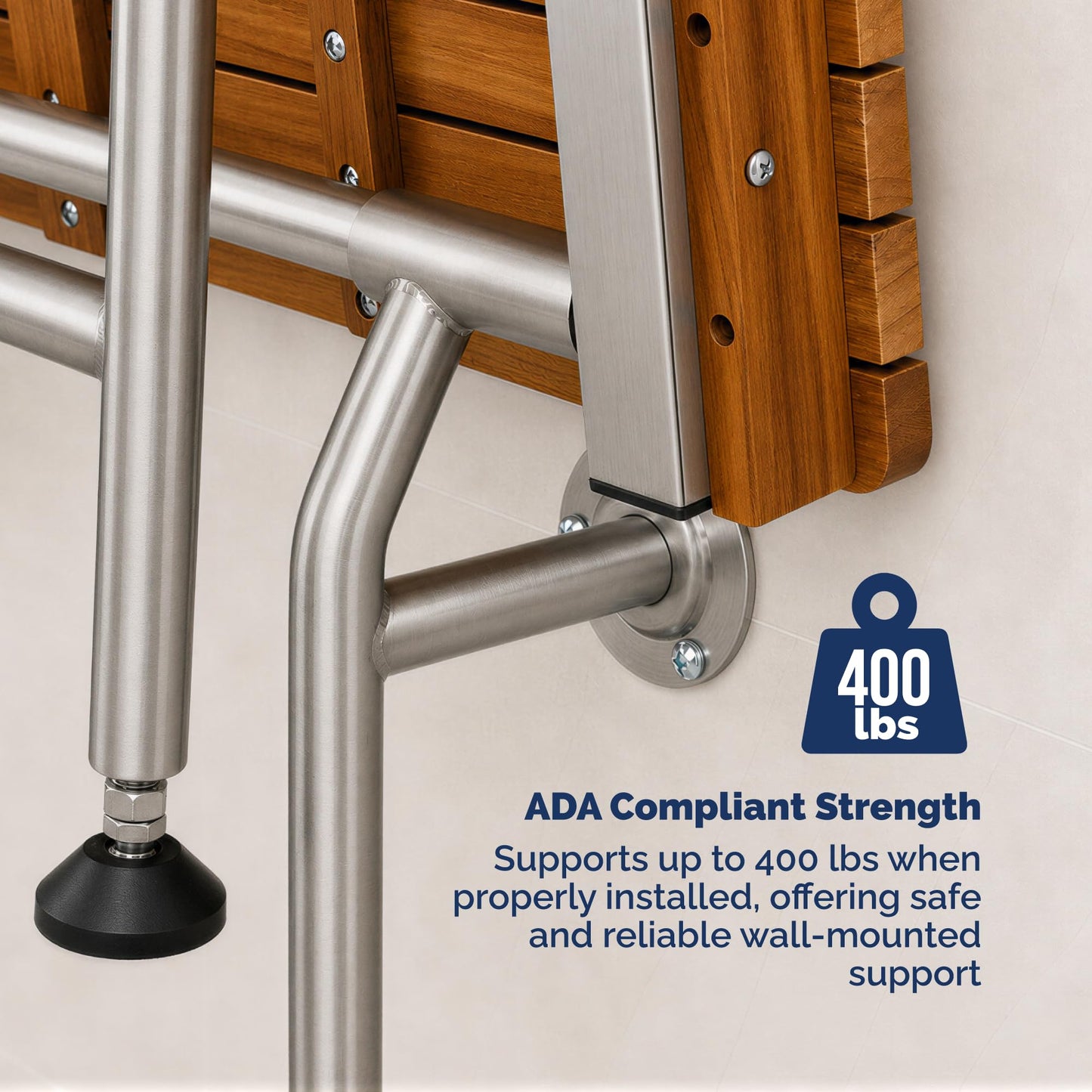 Teak Shower Seat Bench with Drop Down Legs – ADA Compliant Folding Teak Shower Bench, Wall Mounted Fold Up Bath Seat, 400 lb Capacity, Waterproof Teak Wood (18 Inches)