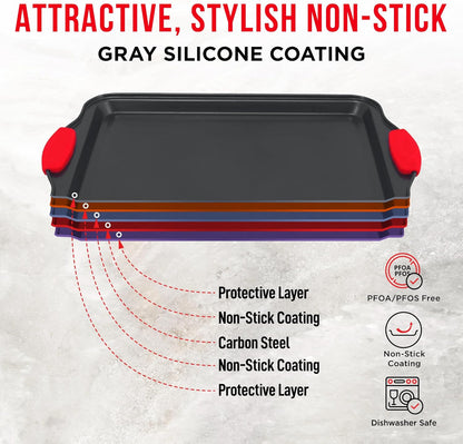 Skiennix Nonstick Carbon Steel Bakeware Set - Professional Quality Baking Trays | PFOA-Free, Red Silicone Handles