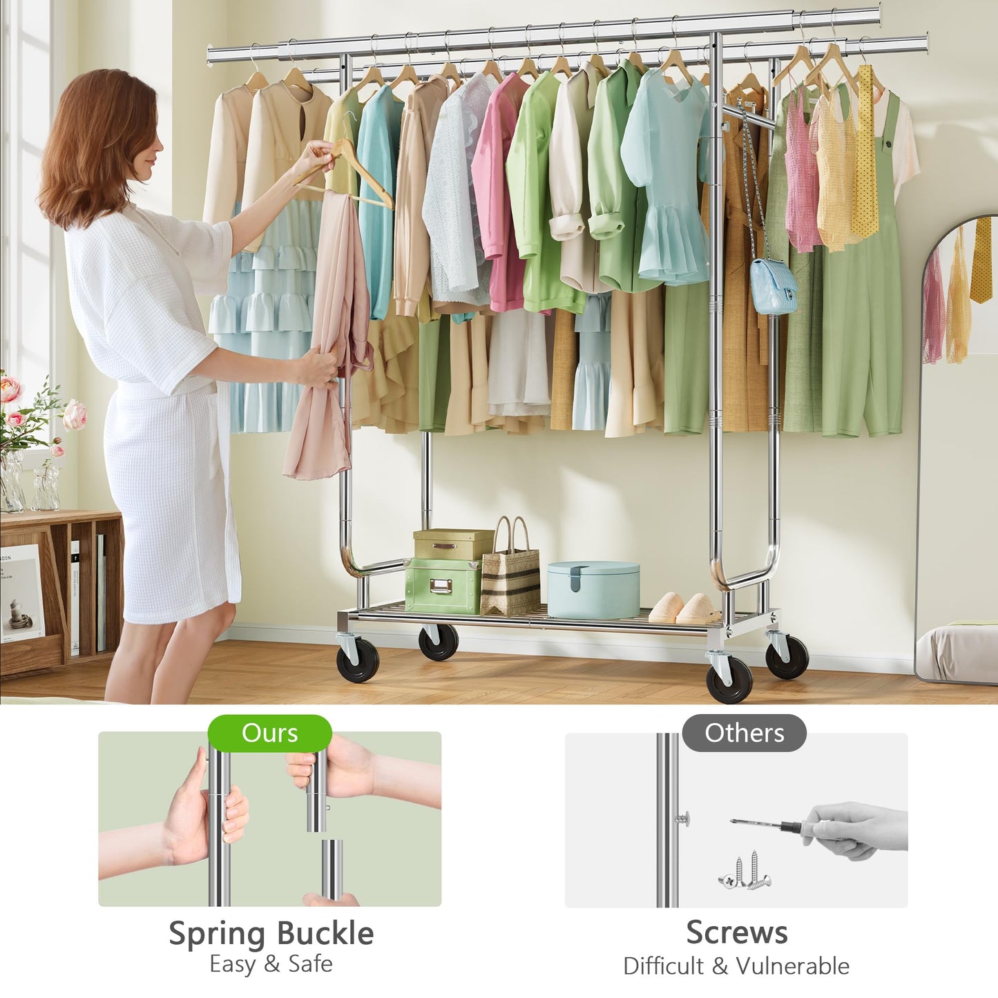 Heavy Duty Rolling Clothes Rack, 620 LBS Load Double Rod Adjustable Garment Rack with Storage Shelves & Lockable Wheels, Portable Clothing Rack for Hanging Clothes for Bedroom, Laundry Living Room