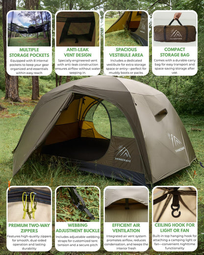 Camping Tent 2 Person,Ultra Large Capacity, 3 Season Backpacking Tent 2 Person, PU3000mm, Free Standing,Lightweight,Ideal for Camping, Hiking, Glamping, Mountaineering (Army Green)
