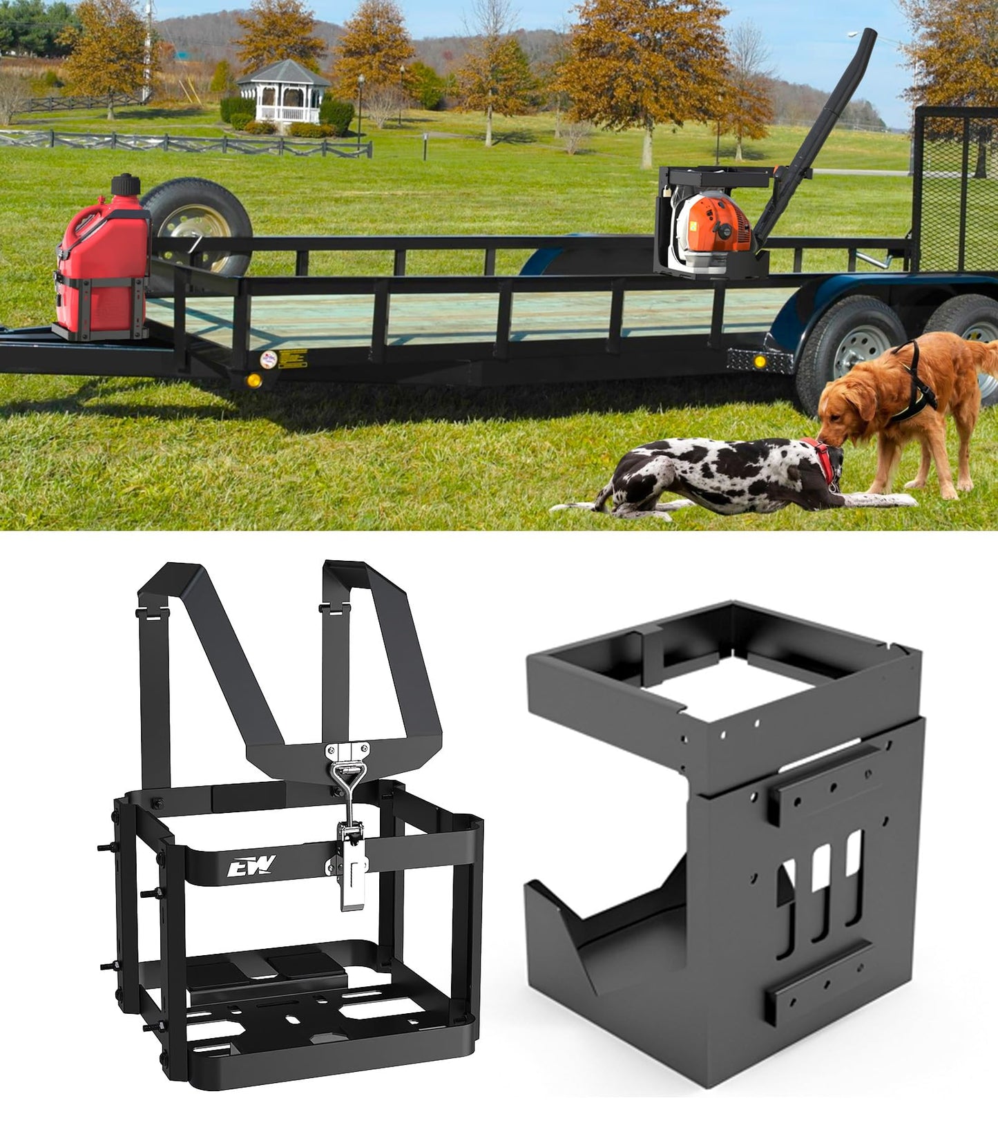 ELITEWILL Adjustable Trailer Backpack Blower Rack Holder with Lock and Fuel Jug 5.5 Gallon Gas Can Holder for Trailer, Anti-Theft Gas Can Rack Mount