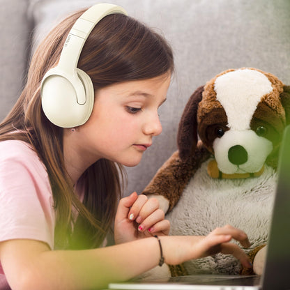 LORELEI B-E5 Kids Bluetooth Headphones, Wireless Headphones for Kids, Foldable 40H Playtime, Built-in mic, On Ear Headsets for Child/Teens/School/Tablet(Beige White)