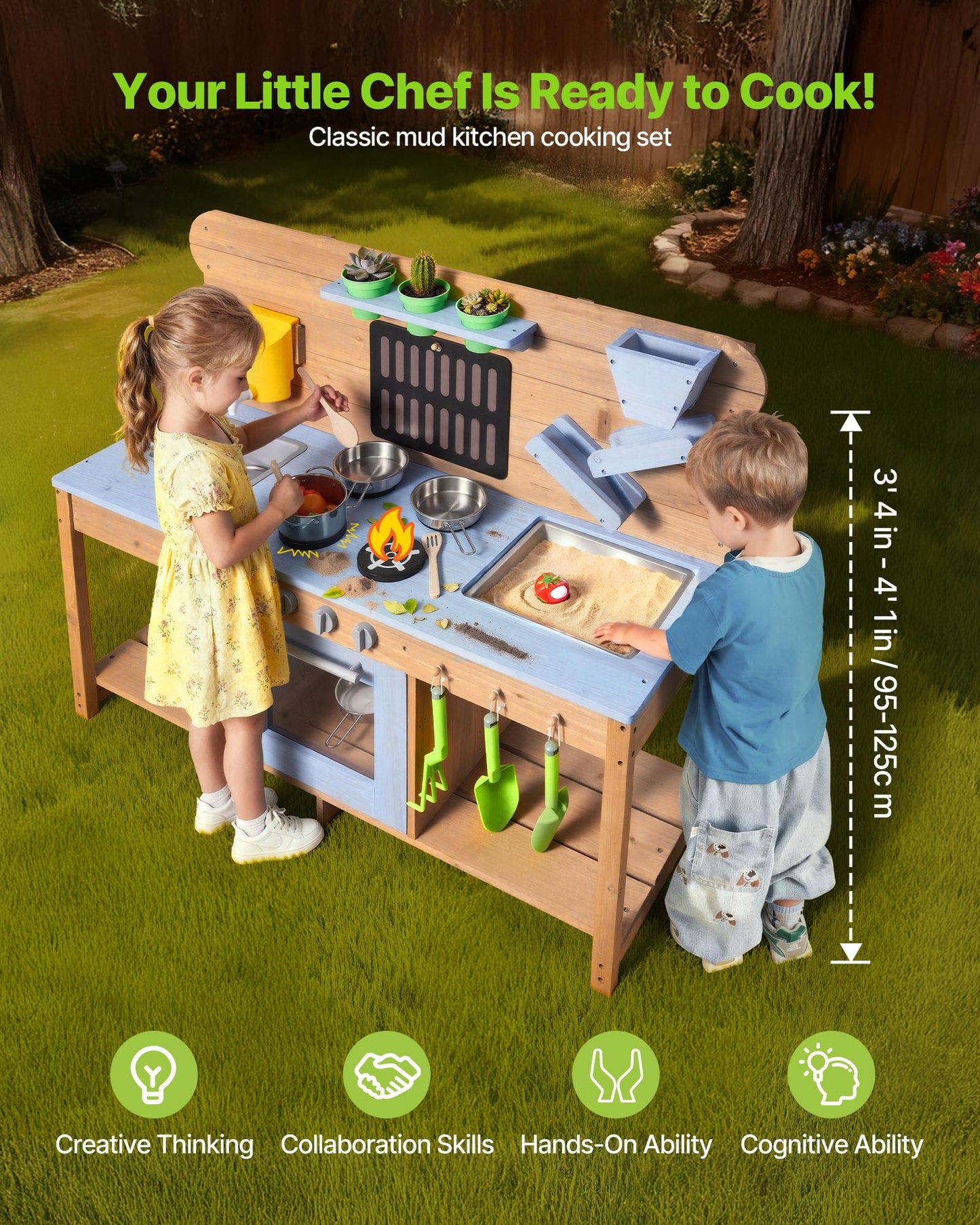 VEVOR Mud Kitchen, Outdoor Mud Kitchen for Kids, Wood Outdoor Play Kitchens with Stoves, Hooks, Double Sinks, Planting Shovels, Spatulas, Cookware Pots and Accessories, Play with Water and Sand