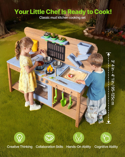 VEVOR Mud Kitchen, Outdoor Mud Kitchen for Kids, Wood Outdoor Play Kitchens with Stoves, Hooks, Double Sinks, Planting Shovels, Spatulas, Cookware Pots and Accessories, Play with Water and Sand