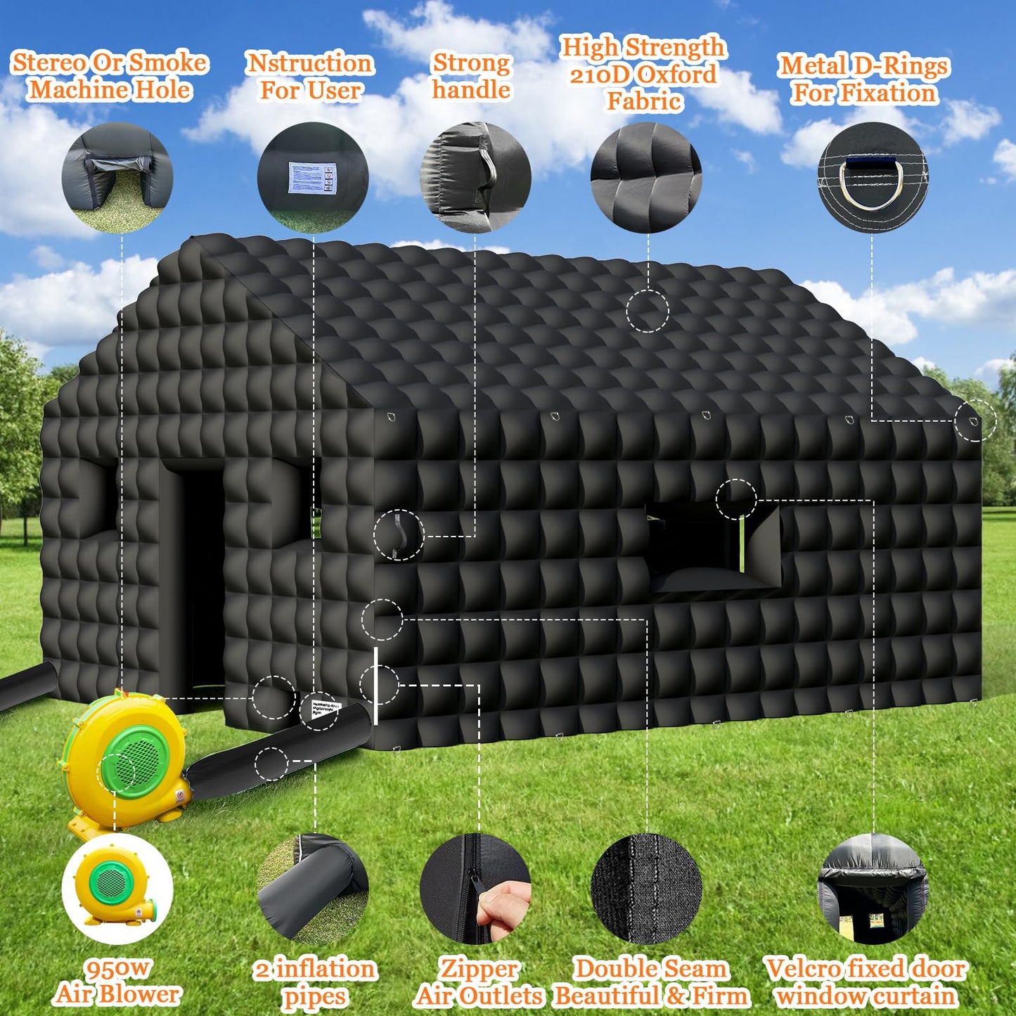 WUHUWOO Inflatable Nightclub 20x16.8x12 Ft, Large Black Inflatable Club Tent with 2 Doors and Logo Area, Inflatable Party Tent for Adults Birthday Backyard Wedding Rental