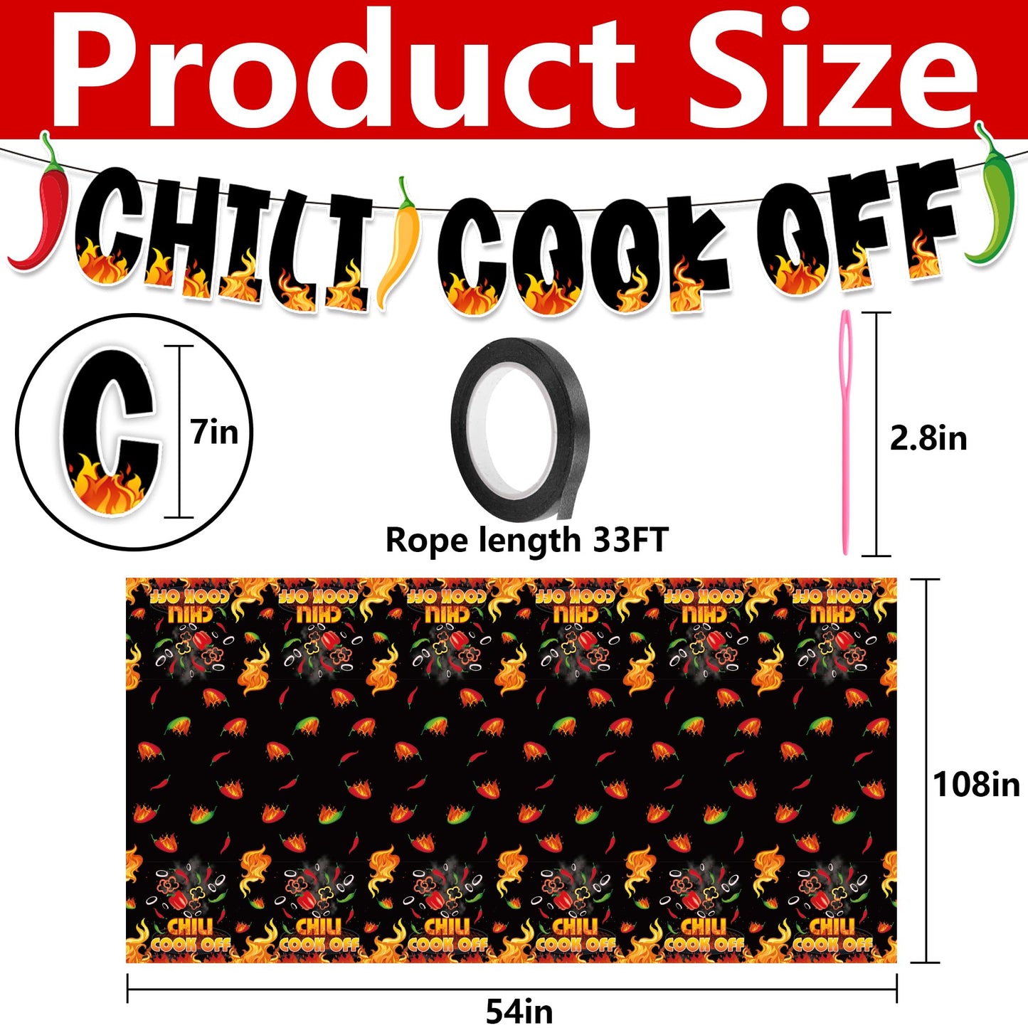 Iceyyyy 4 Pcs Black Chili Cook Off Table Decorations Set-108" x 54" Chilis Peppers Flame Table Covers 33 Ft Cooking Chili Contest Banner-Disposable Chilis Peppers Party Decorations for Party Supplies