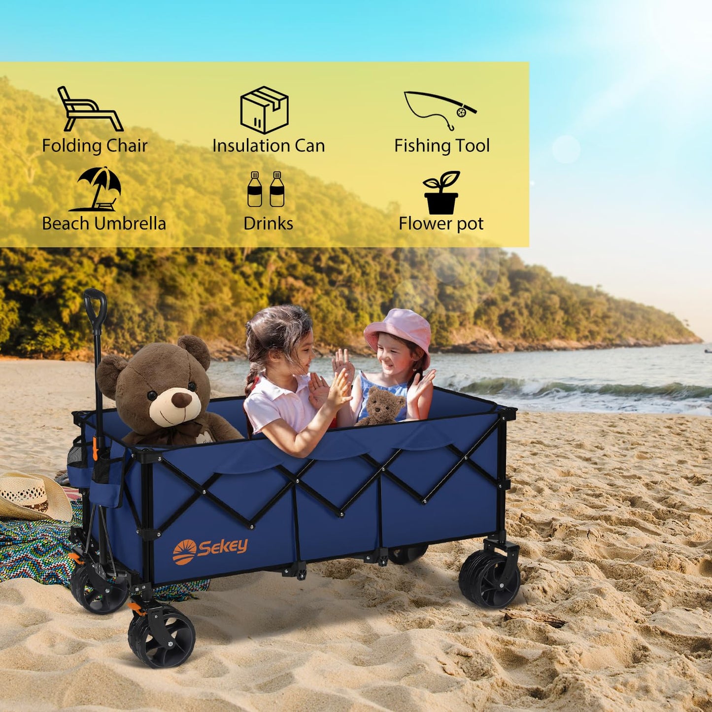Sekey Extended Collapsible Foldable Wagon with 660lbs Weight Capacity, Heavy Duty Folding Utility Garden Cart with Big All-Terrain Beach Wheels & Drink Holders. Navy Blue