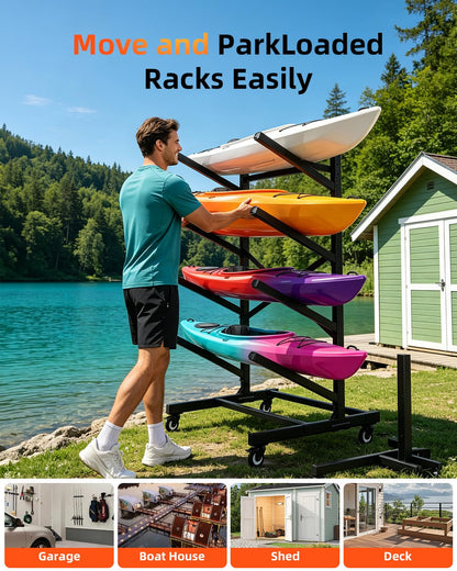 Ultrawesome 4-Tier Single-Sided Kayak Storage Rack with Wheels, Heavy Duty Freestanding Canoe Stand for 4 Kayaks, 400lbs Capacity, Adjustable Arms, Indoor Outdoor Garage Shed Dock Use