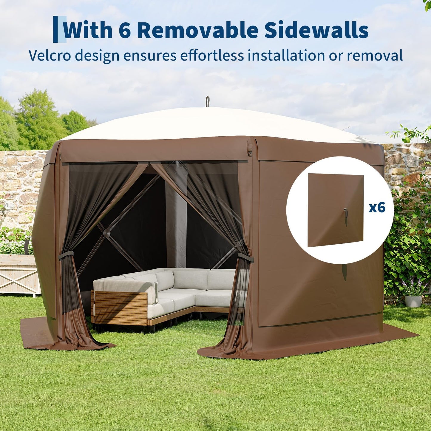 11.5x11.5FT Pop Up Canopy Tent, One-Push Setup Patio Gazebo with Removable Top & Wind Cloths, 6-Sided Outdoor Shelter for Camping, Backyard Parties, Events