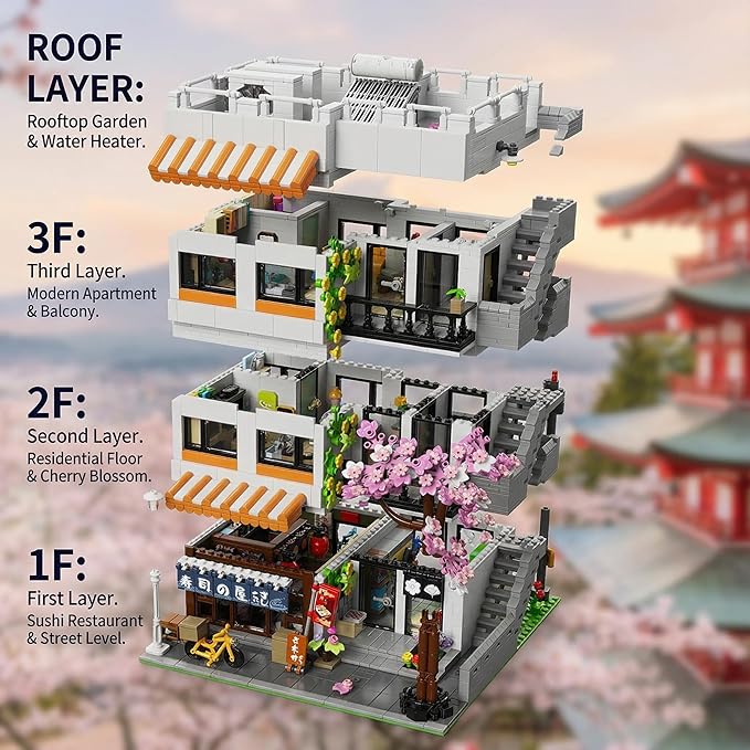 Japanese Apartment Building Street View Building Blocks Set - 3-Story Japan Cherry Blossom Architecture House with 5 Figures &amp LED Lights Christmas Bithday Gift for Aduls（3910PCS）