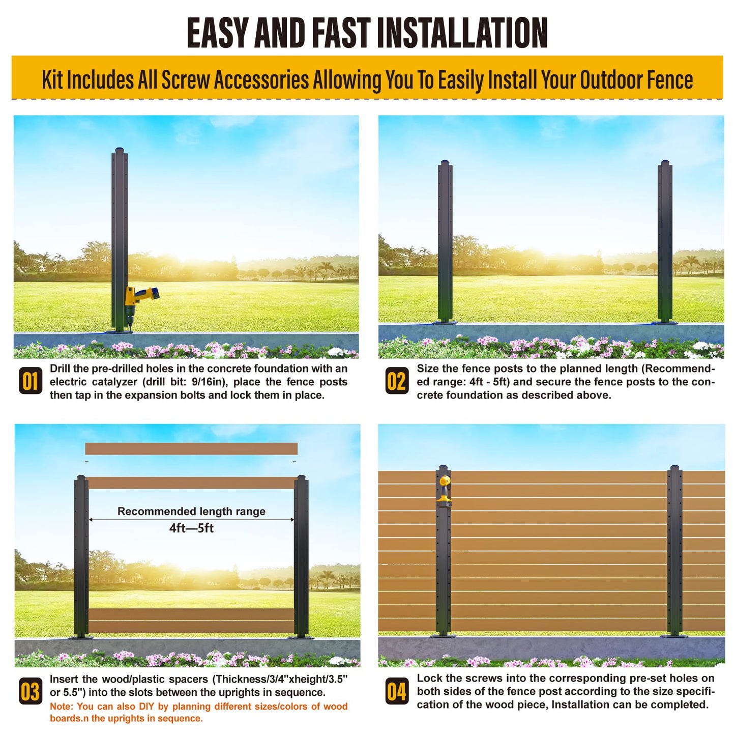 Wowace 4ft (H/48in) Heavy Duty Fence Post - Serial Post for Outdoor Patio, Backyard and Garden Privacy Fence (2pack-Matte Black)