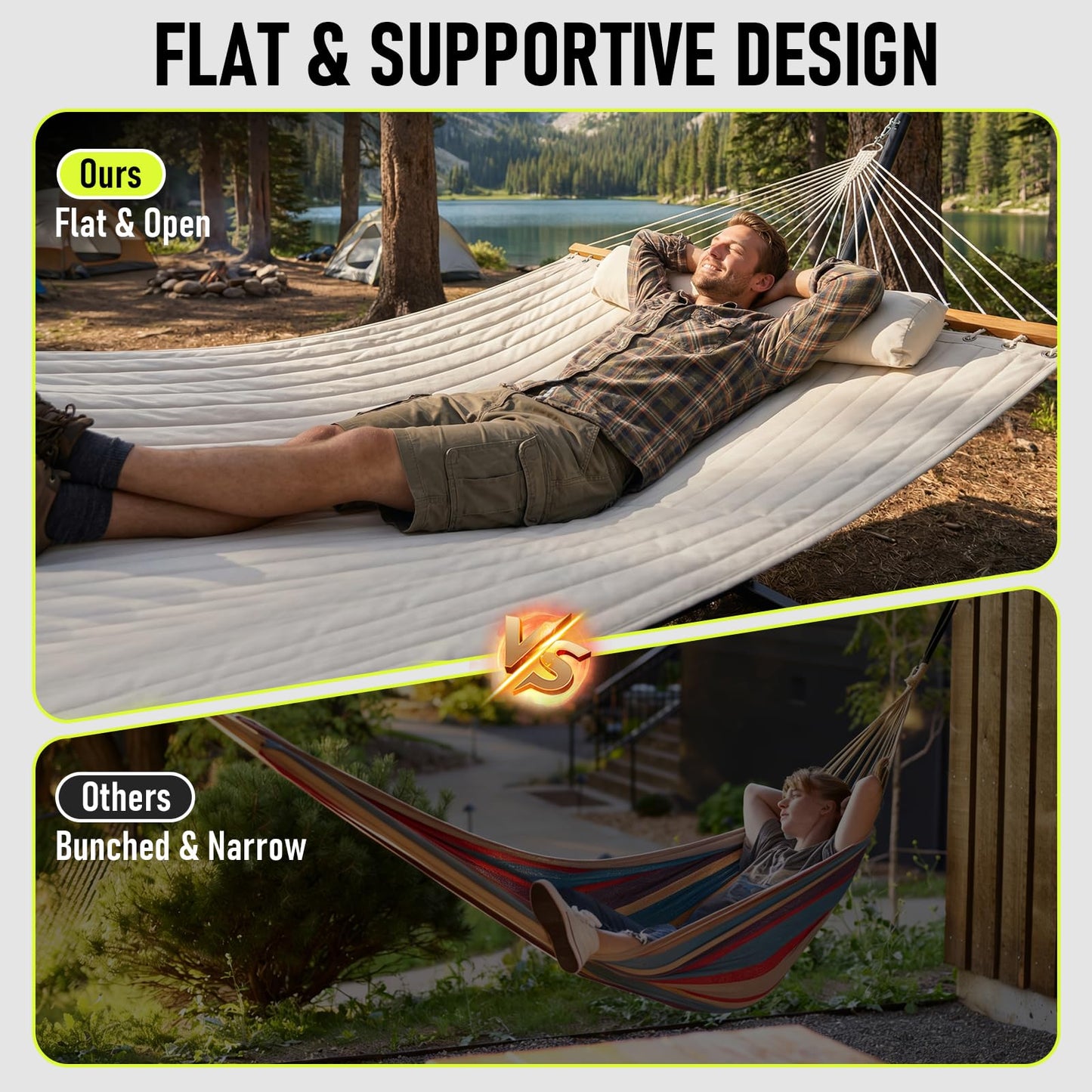 FULIYE Double Hammock with Stand for Outdoor，2 Person Heavy Duty Portable Hammock with Adjustable Steel Stand and Balance Ropes Included – for Patio, Backyard, Garden, Beach((Beige)