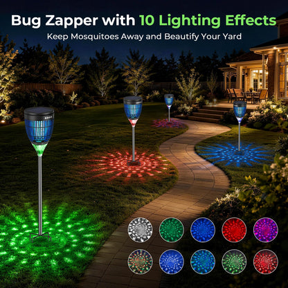 Solar Bug Zapper Outdoor, 3 in 1 Solar Mosquito Zapper with Flame, Projection Mode, Auto On/Off, Grounding Bracket, IPX5 Waterproof, Solar Powered Mosquito Trap for Paito Backyard Garden Camping