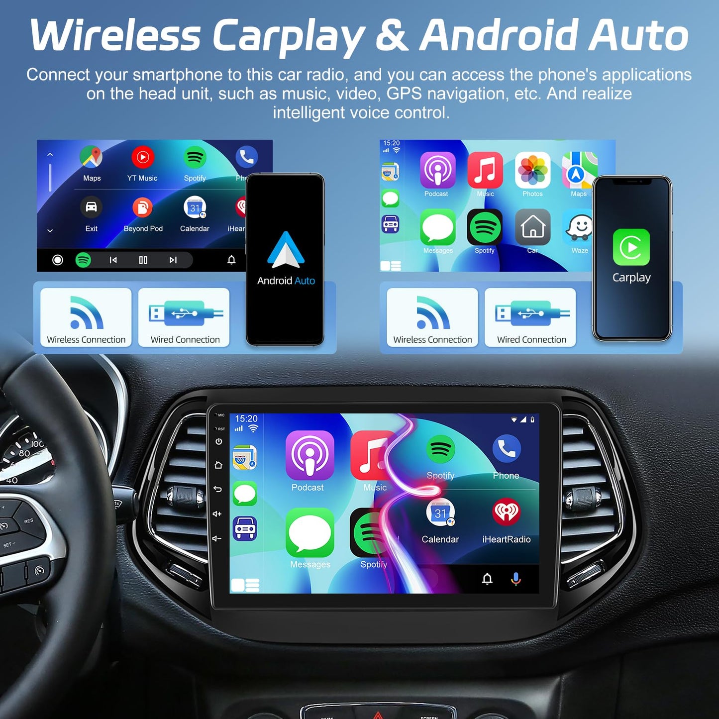 [2+64G] NHOPPEW Car Radio for Jeep Compass 2017-2020 with Wireless Carplay and Android Auto - 10.1 Inch Touch Screen Android Car Stereo - DSP/GPS/WiFi/SWC/Bluetooth + AHD Backup Camera