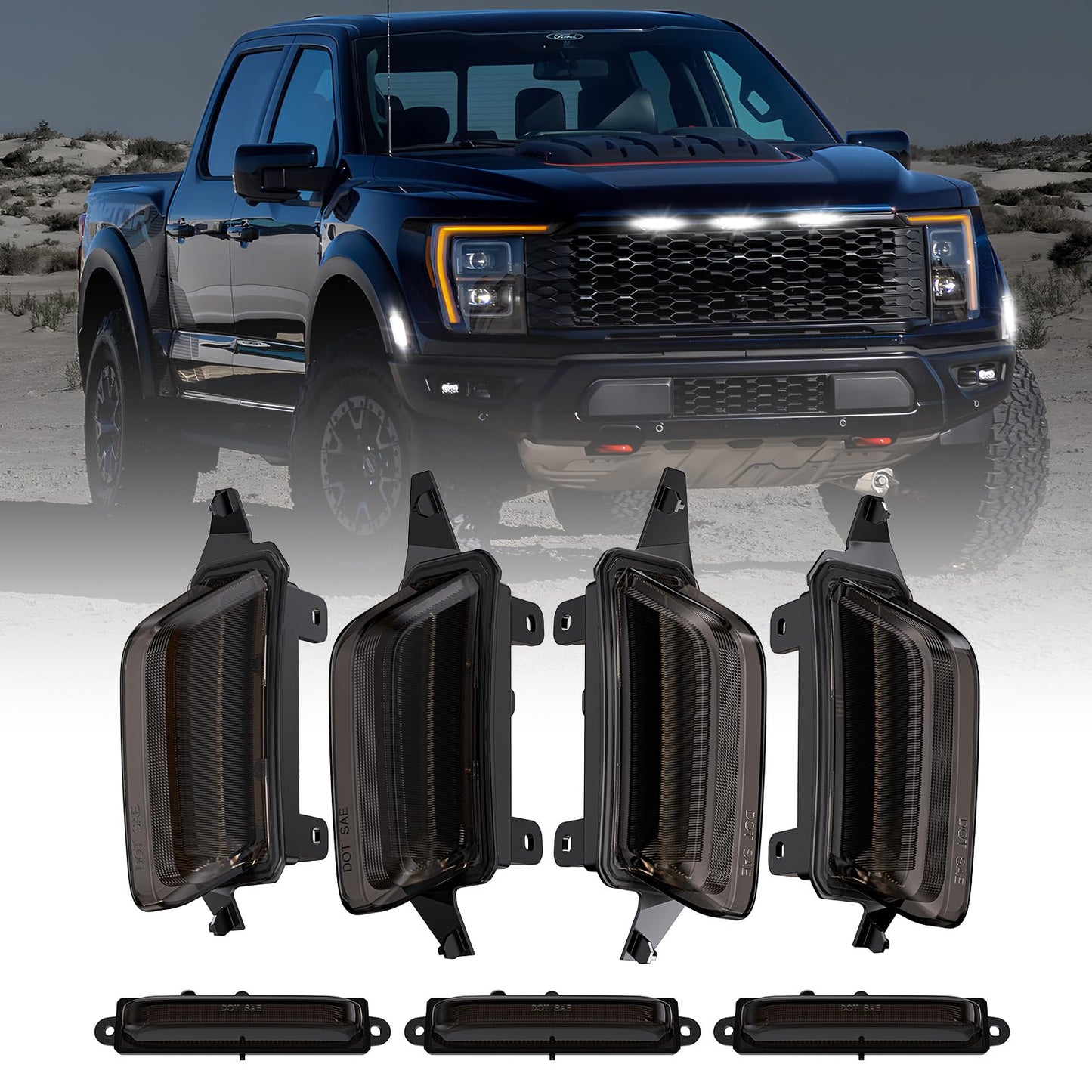 Led Flare Side Marker Lights Sets for 2021-2025 F150 Raptor R, 2X Front Rear Fender Lights & 3X Front Grille Clearance Lights White Smoked Lens Full Dually Fender Lamps Kit for Raptor R SuperCrew