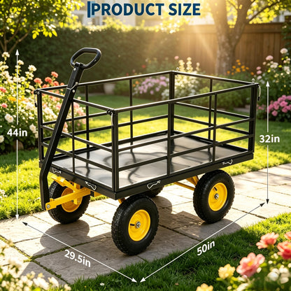 1500 lbs Steel Garden Cart, Folding Utility Wagon with Removable Sides, Garden Wagon Cart on Wheels, Dump Wagon with 13 in Tires180° and Swivel Handle, Yellow