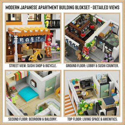 Japanese Apartment Building Street View Building Blocks Set - 3-Story Japan Cherry Blossom Architecture House with 5 Figures &amp LED Lights Christmas Bithday Gift for Aduls（3910PCS）