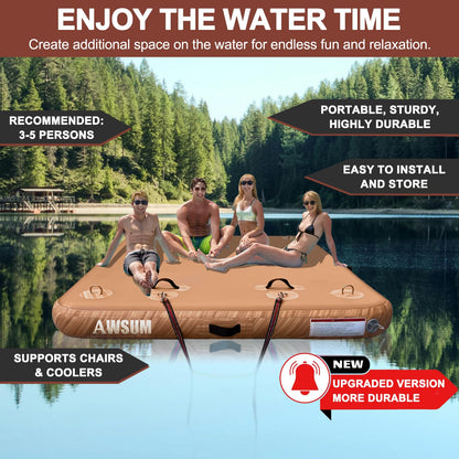 AWSUM Inflatable Floating Dock for Lakes, 5ft x 6ft Water Air Mat Inflatable Island Swim Platform with Non-Slip Wood Surface for Pool Beach Ocean