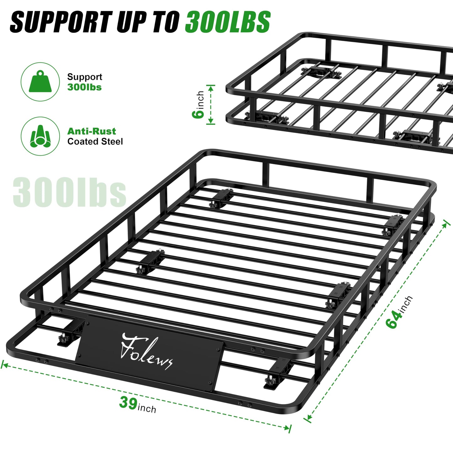 Folews 64 x 39 x 6 Inch Roof Basket, Heavy Duty 300LB Roof Rack Cargo Carrier Universal Rooftop Cargo Basket Steel Luggage Holder for Car, SUV, Truck & Pickup