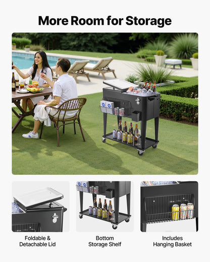 VEVOR 80 Quart Rolling Ice Chest, Holds up to 50 Bottles / 110 Cans, Portable Patio Party Bar Drink Cooler Cart with Bottom Shelf, Beverage Pool with Side Basket and Bottle Opener, Black