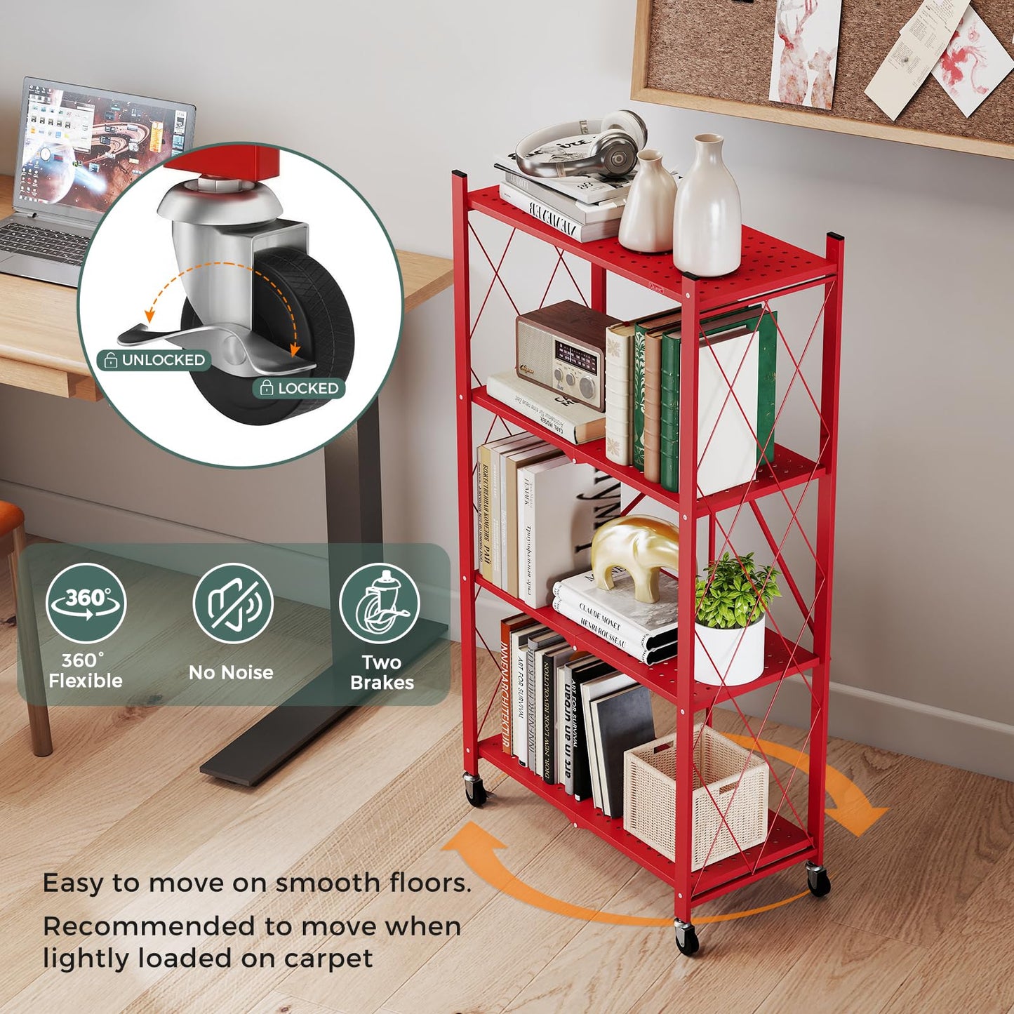 DEANIC 4 Tier Foldable Storage Shelves with Wheels, Large Capacity Shelving Unit, Freestanding Metal Wire Shelf Rack, No Assembly Organizer Rack for Garage Kitchen, Basement, Pantry(Red Pack of 2)