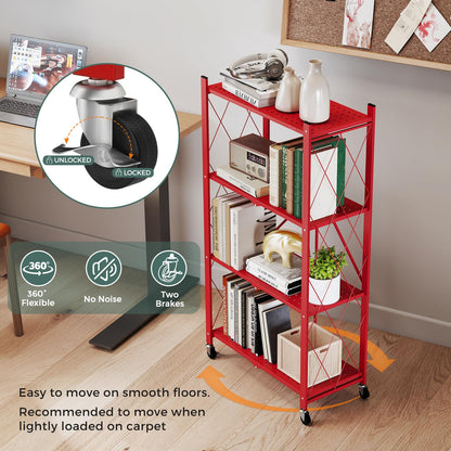 DEANIC 4 Tier Foldable Storage Shelves with Wheels, Large Capacity Shelving Unit, Freestanding Metal Wire Shelf Rack, No Assembly Organizer Rack for Garage Kitchen, Basement, Pantry(Red Pack of 2)