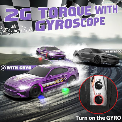 1/43 RC Drift Car Mini Drifting RC Car with Gyro 2.4GHz Full Proportional Drift Cars 4WD RTR Remote Control Cars with Colorful Lights Gyroscope Fast Racing Vehicle Gift for Kids Boys Adults