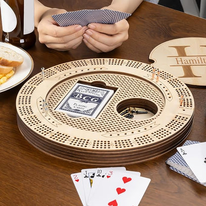Personalized Wooden Cribbage Board Set Custom Engraved 4 Tracks Design with Name Includes 16 Metal Pegs and Deck of Cards Birthday Gift for Cribbage Lovers (Round)