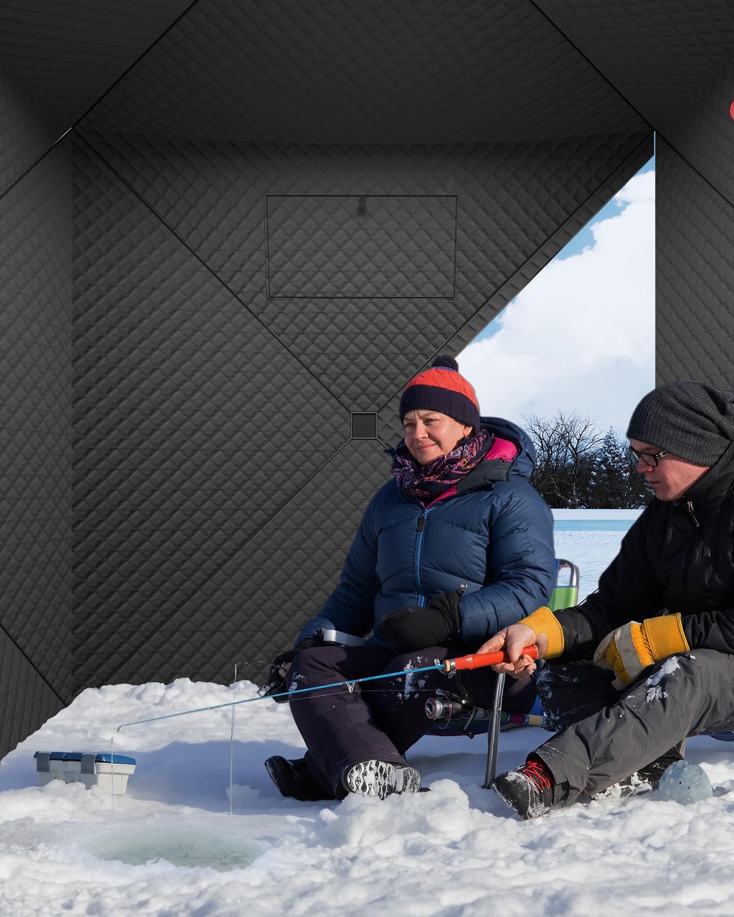 Garvee Pop-up Ice Fishing Tent for 3-4 Persons, Hub-Style Insulated Portable Ice Fishing Shelter with Carrying Bag, Zippered Door, Wind Rope & Anchors, Red