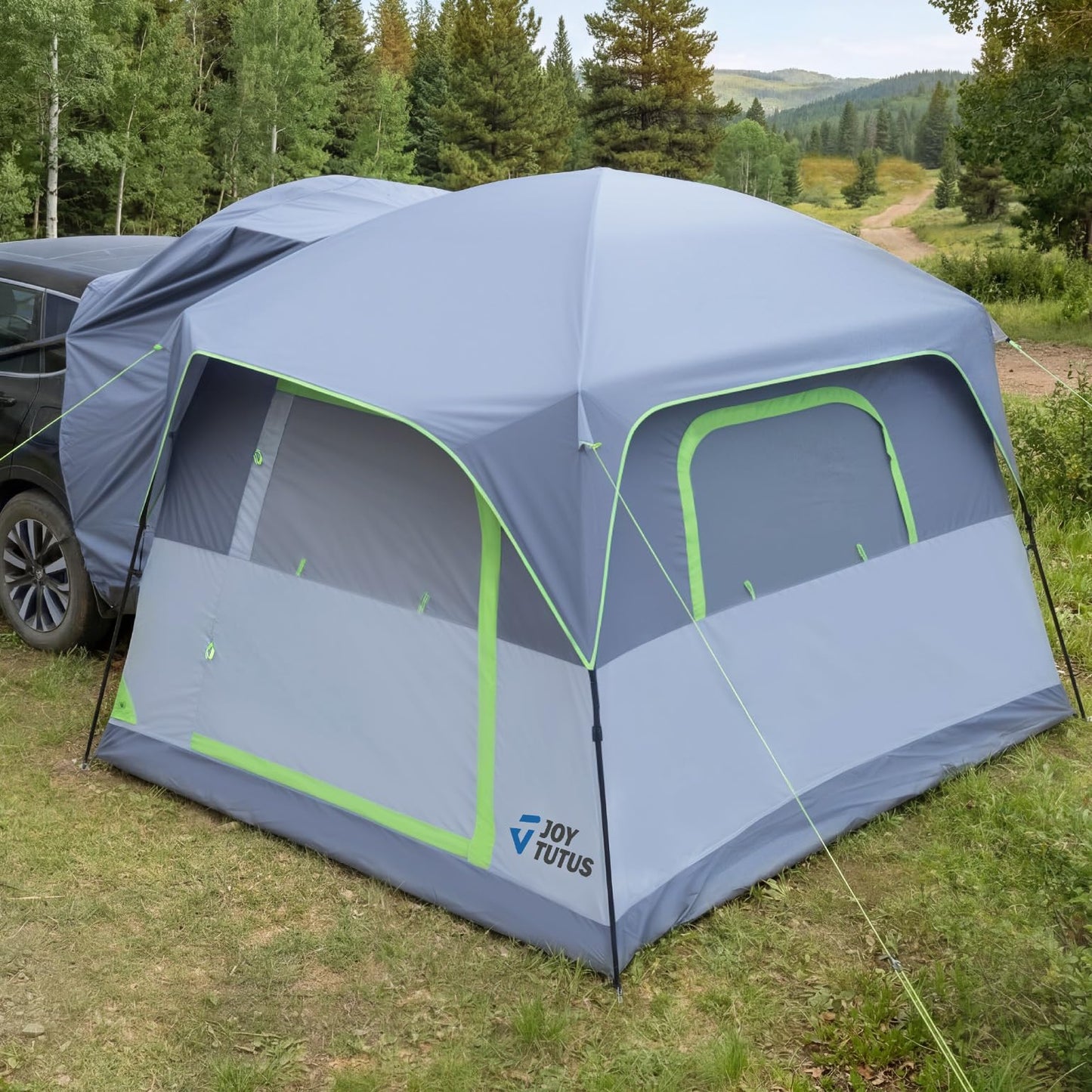 JOYTUTUS SUV Tent for Camping with Rainfly 2026 Upgrade, Strong Four Steel Frame Poles, 5-9 Person Big Car Tent with Ventilated Double Door, Movie Screen, 8' W X 10' L X 7' H, Fit for SUV CUV Van