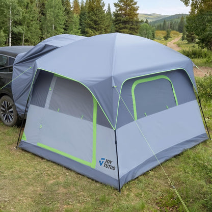 JOYTUTUS SUV Tent for Camping with Rainfly 2026 Upgrade, Strong Four Steel Frame Poles, 5-9 Person Big Car Tent with Ventilated Double Door, Movie Screen, 8' W X 10' L X 7' H, Fit for SUV CUV Van