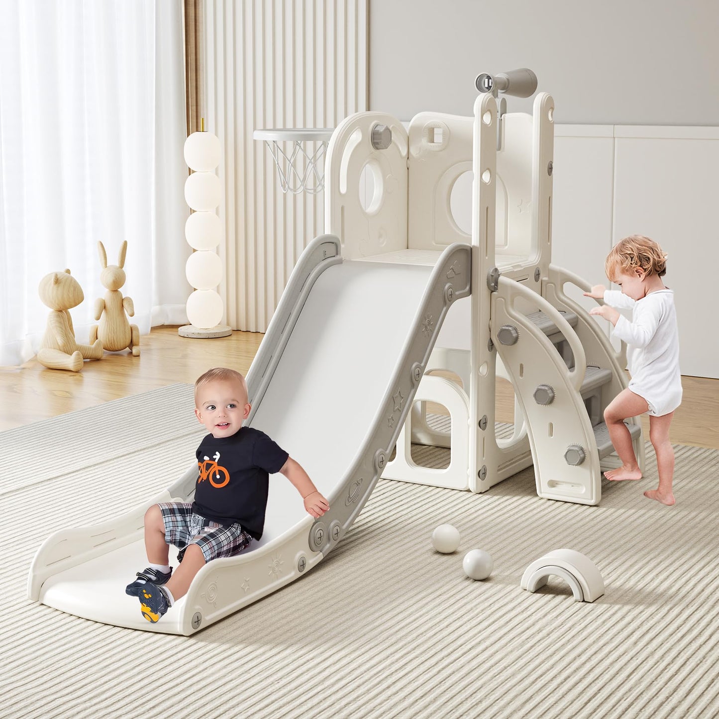 CuFun 6 in 1 Toddler Slide, Indoor Outdoor Playground for Kids 1-3, Baby Slide with Basketball Hoop, Storage, Climber and Telescope,Gray White