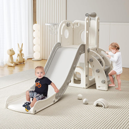 CuFun 6 in 1 Toddler Slide, Indoor Outdoor Playground for Kids 1-3, Baby Slide with Basketball Hoop, Storage, Climber and Telescope,Gray White