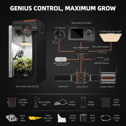 Spider Farmer 2.3 x 2.3ft Pro Grow Tent Kit 28"x28"x63" Plant Set Complete System Automatic Control with GGS Controller, SF1000 Dimmable LED Grow Light 4" Ventilation System & 6'' Clip Fan