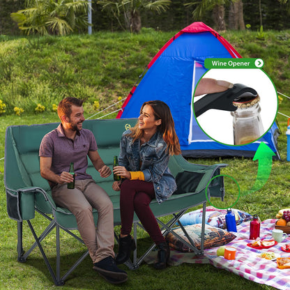 Nice C Double Padded Camping Chair, Oversized Loveseat Camping Chair, Outdoor Camping Couch for Adults, Folding Bench, Lawn Chairs, Extra Padded, with Cup Holder, Cooler Bag, Bottle Opener (Green)