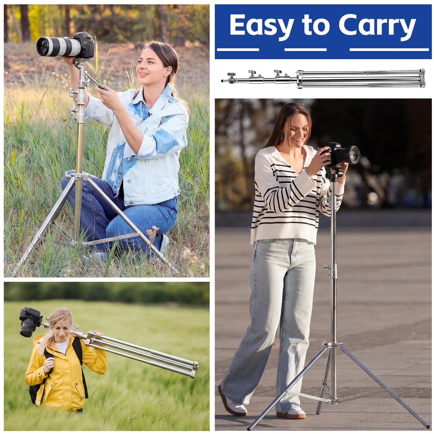 Tellegloww 4 Pack 9.2 FT Stainless Steel Light Stand Photography with 1/4” to 3/8” Screw Adapter Heavy Duty Photography Tripod Lights Stand for Strobe LED Video Lights Ring Light Monolight Softbox