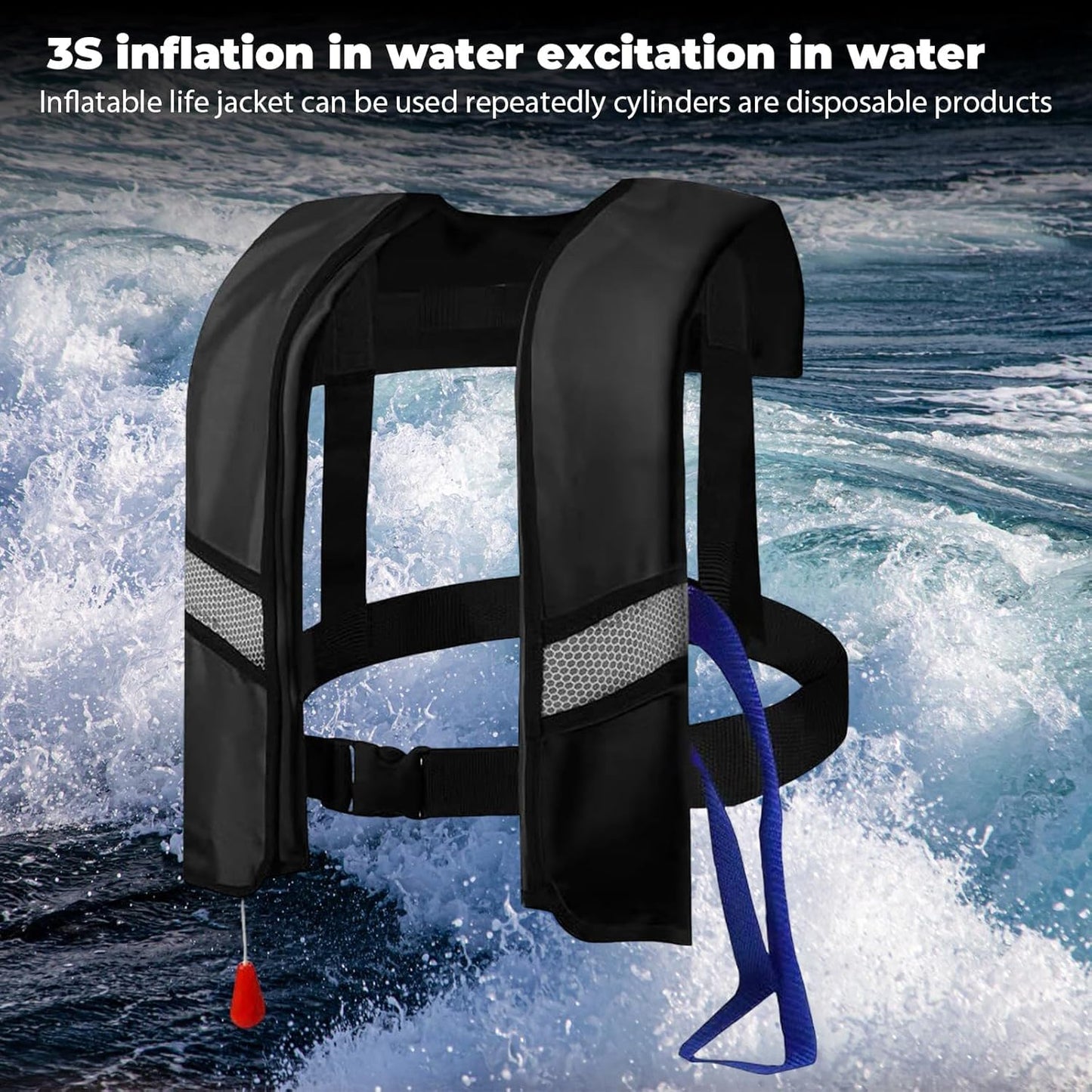 3-Pack 150N Unisex Automatic Life Jacket - Lightweight Inflatable Flotation Device with Reflective Patches, Whistle, Extra Tube - Suitable for Rowing, Boarding (Blue)