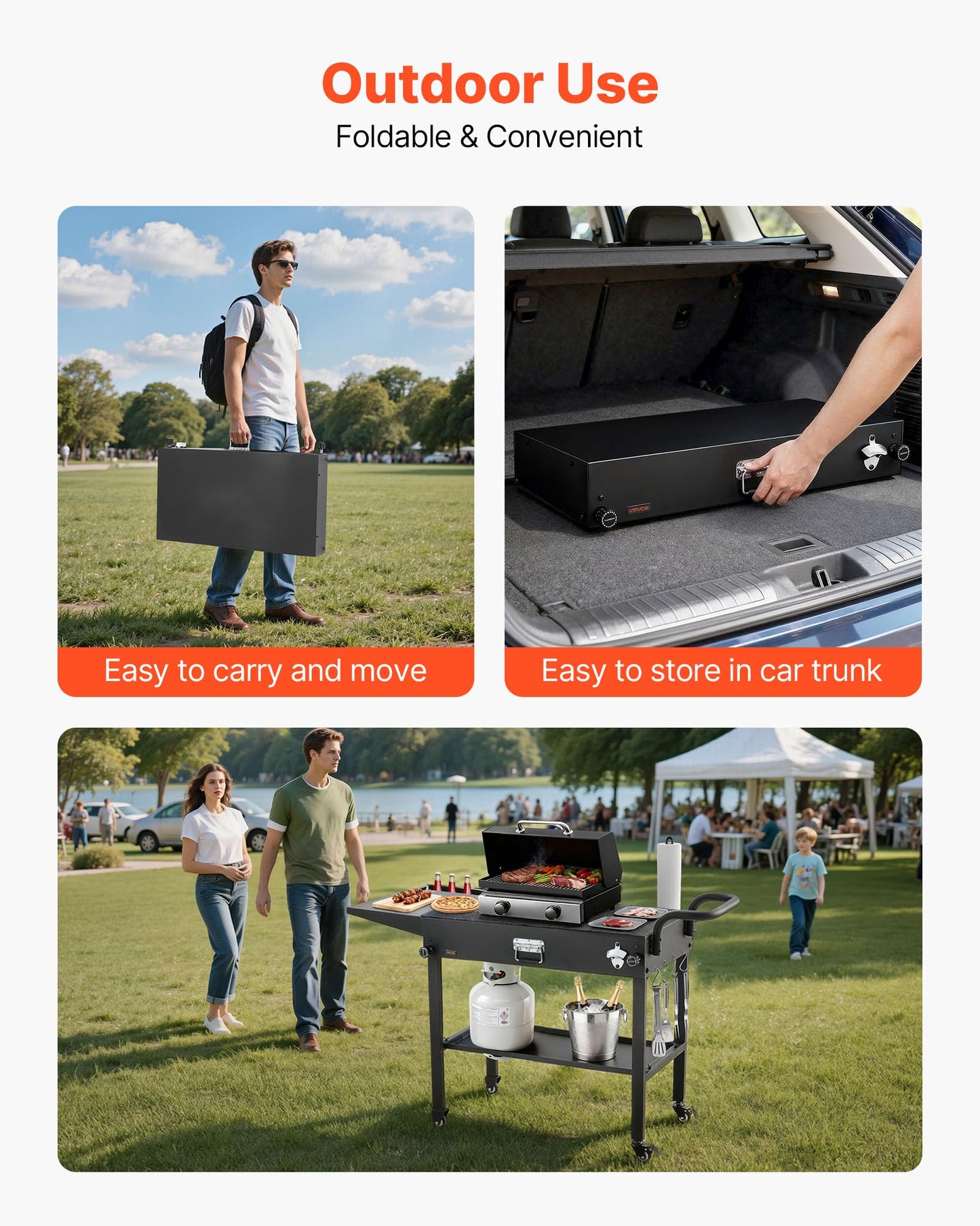 VEVOR Outdoor Grill Cart, 31.0 x 17.0 inch Tabletop Size Grilling Table, Foldable Outdoor Cooking Table with Tissue Holder, Hooks, Wheels, Side Table, BBQ Prep Tables for Picnic, Kitchen, Courtyard