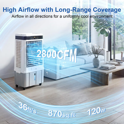 Uthfy 2800 CFM Portable Swamp Cooler, Evaporative Air Cooler for Room with 9.5 Gal Detachable Water Tank, 120 Oscillating Outdoor Cooling Fan, Remote, 12H Timer, 4 Ice Packs for Indoor, Garage, Patio