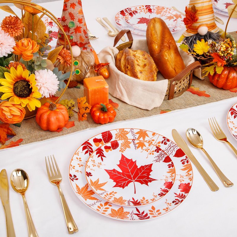 Liacere 150PCS Thanksgiving Plastic Plates- Include 30 Dinner Plates, 30 Dessert Plate,30 Forks, 30 Gold Spoons, 30 Gold Knives Perfect for Thanksgiving＆ Fall Plates