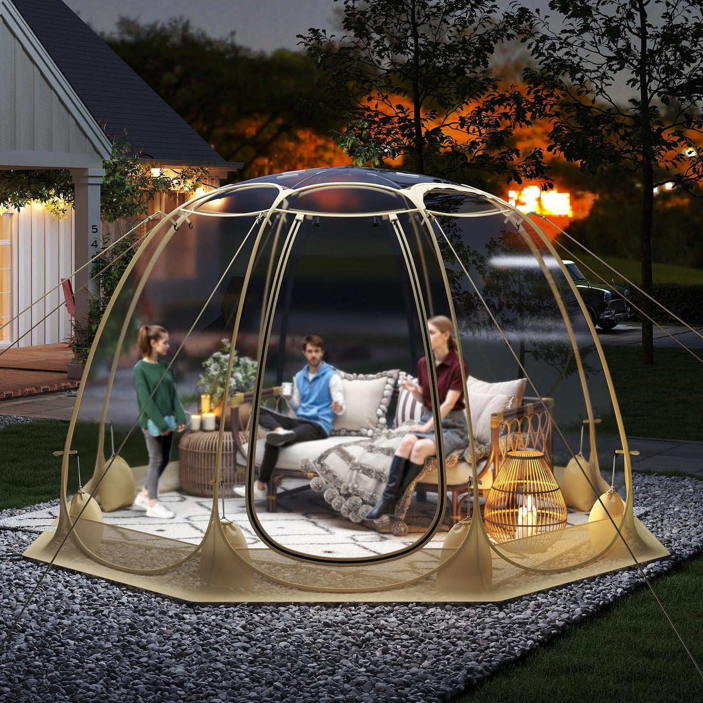 Tangkula Pop Up Bubble Tent, 9.5x9.5 Ft Oversize Outdoor Dome Tent for 4-6 People with 16 Stakes, 8 Wind Ropes, 8 Sandbags, Carrying Bag, Weatherproof Clear Tent for Winter Cold Protection, Camping