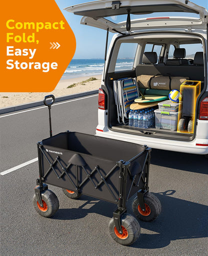 Beach Wagon with Big Wheels for Sand, 440lbs Wagons Carts Foldable with 9x4 All-Terrain Wheels, Rear Tailgate, 200L Capacity, Heavy Duty Collapsible Beach Cart for Garden Sports Camping Outdoor