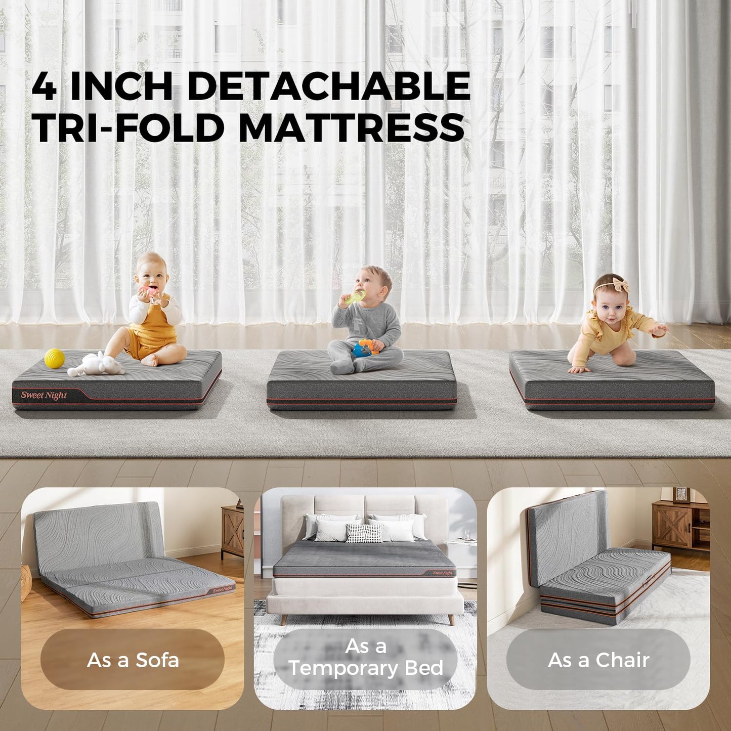 Sweetnight Full Tri-Folding Mattress Topper - 4 inch Medium Firm Portable Foldable Mattress with Washable Cover & Non-Slip Base - Ideal for Camping, RV, and Guests,White